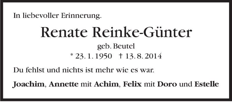  Traueranzeige für Renate Reinke-Günter vom 13.08.2021 aus Stuttgarter Zeitung / Stuttgarter Nachrichten