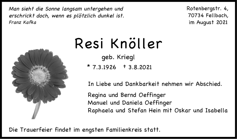  Traueranzeige für Resi Knöller vom 07.08.2021 aus Stuttgarter Zeitung / Stuttgarter Nachrichten