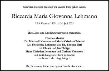 Traueranzeige von Riccarda Maria Giovanna Lehmann von Stuttgarter Zeitung / Stuttgarter Nachrichten
