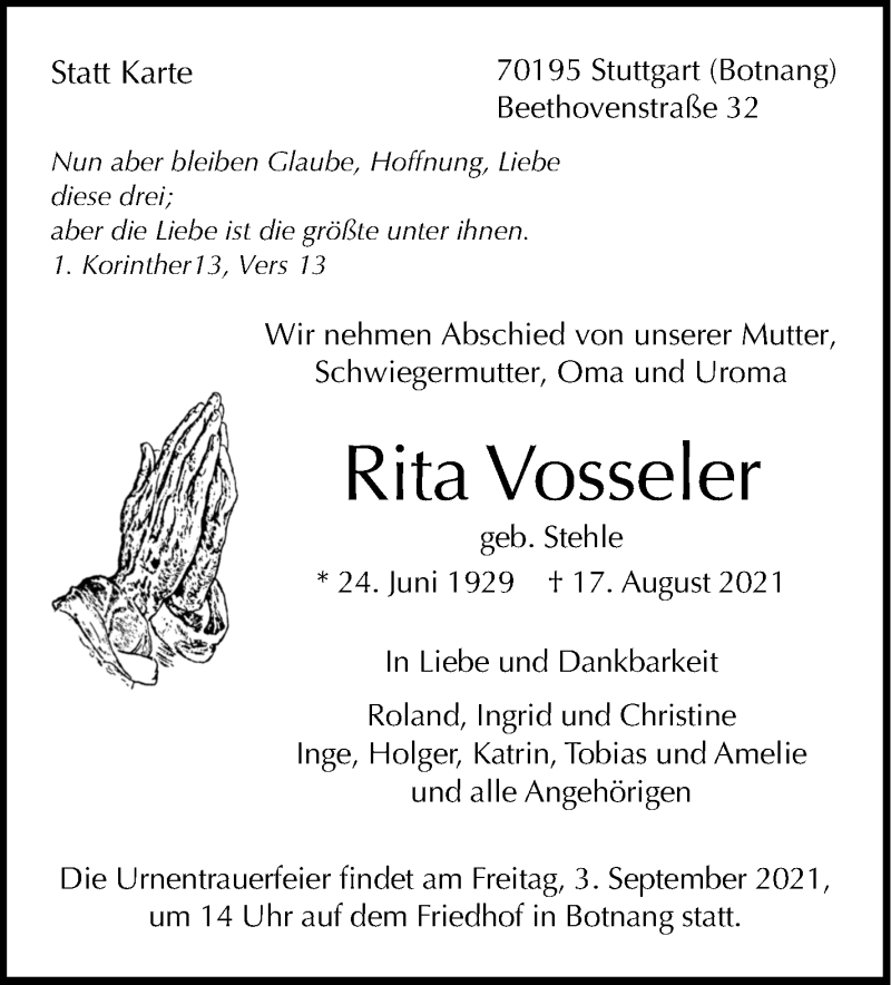  Traueranzeige für Rita Vosseler vom 31.08.2021 aus Stuttgarter Zeitung / Stuttgarter Nachrichten