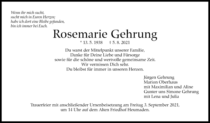  Traueranzeige für Rosemarie Gehrung vom 17.08.2021 aus Stuttgarter Zeitung / Stuttgarter Nachrichten