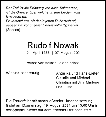 Traueranzeige von Rudolf Nowak von Stuttgarter Zeitung / Stuttgarter Nachrichten