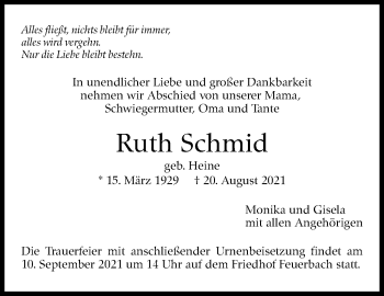 Traueranzeige von Ruth Schmid von Stuttgarter Zeitung / Stuttgarter Nachrichten