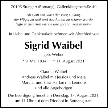 Traueranzeige von Sigrid Waibel von Stuttgarter Zeitung / Stuttgarter Nachrichten
