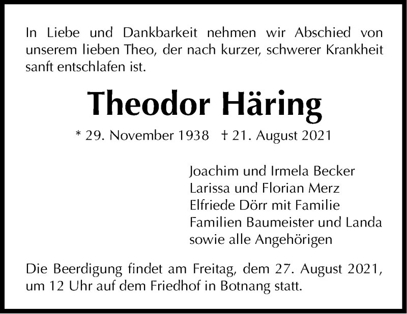  Traueranzeige für Theodor Häring vom 25.08.2021 aus Stuttgarter Zeitung / Stuttgarter Nachrichten