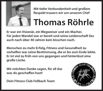Traueranzeige von Thomas Röhrle von Stuttgarter Zeitung / Stuttgarter Nachrichten