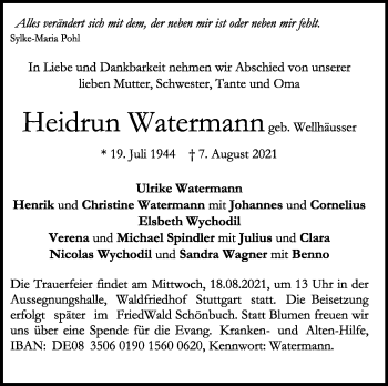 Traueranzeige von Ulrike Watermann von Stuttgarter Zeitung / Stuttgarter Nachrichten