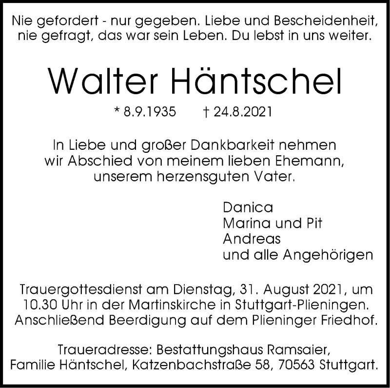  Traueranzeige für Walter Häntschel vom 28.08.2021 aus Stuttgarter Zeitung / Stuttgarter Nachrichten