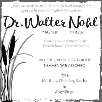 Traueranzeige von Walter Nohl von Stuttgarter Zeitung / Stuttgarter Nachrichten