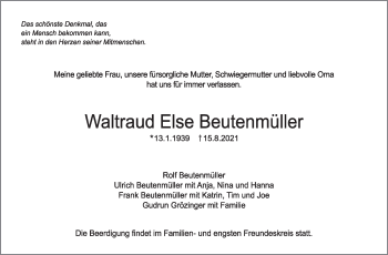 Traueranzeige von Waltraud Else Beutenmüller von Stuttgarter Zeitung / Stuttgarter Nachrichten