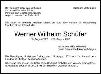 Traueranzeige von Werner Wilhelm Schäfer von Stuttgarter Zeitung / Stuttgarter Nachrichten