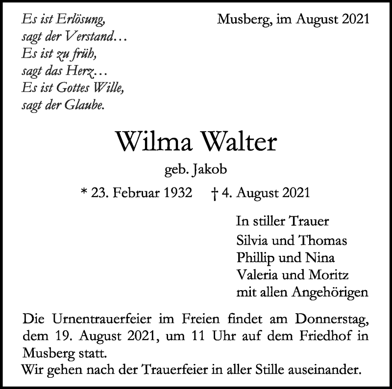  Traueranzeige für Wilma Walter vom 13.08.2021 aus Stuttgarter Zeitung / Stuttgarter Nachrichten