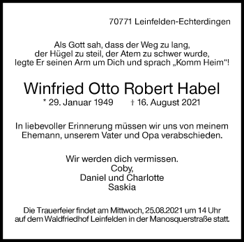 Traueranzeige von Winfried Otto Robert Habel von Stuttgarter Zeitung / Stuttgarter Nachrichten