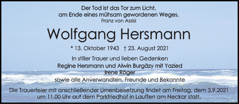  Traueranzeige für Wolfgang Hersmann vom 28.08.2021 aus Stuttgarter Zeitung / Stuttgarter Nachrichten