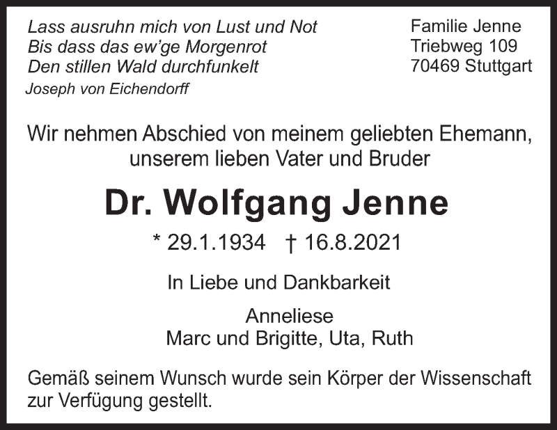  Traueranzeige für Wolfgang Jenne vom 28.08.2021 aus Stuttgarter Zeitung / Stuttgarter Nachrichten