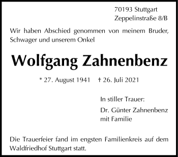Traueranzeige von Wolfgang Zahnenbenz von Stuttgarter Zeitung / Stuttgarter Nachrichten