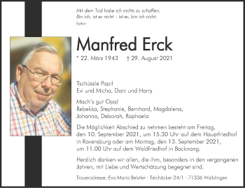 Traueranzeige von Manfred Erck  von Stuttgarter Zeitung / Stuttgarter Nachrichten