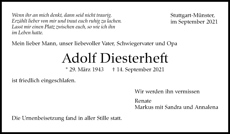  Traueranzeige für Adolf Diesterheft vom 01.10.2021 aus Stuttgarter Zeitung / Stuttgarter Nachrichten