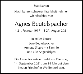 Traueranzeige von Agnes Beutelspacher von Stuttgarter Zeitung / Stuttgarter Nachrichten