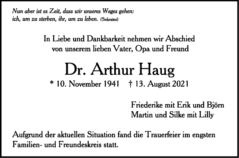  Traueranzeige für Arthur Haug vom 04.09.2021 aus Stuttgarter Zeitung / Stuttgarter Nachrichten