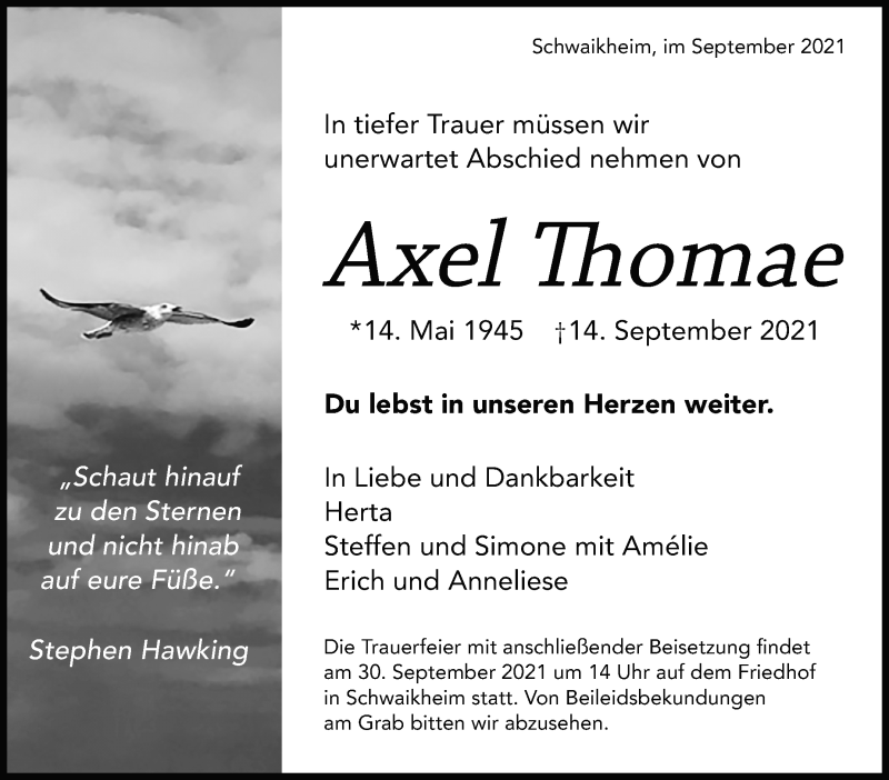  Traueranzeige für Axel Thomae vom 28.09.2021 aus Stuttgarter Zeitung / Stuttgarter Nachrichten