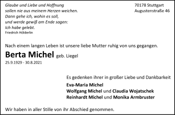 Traueranzeige von Berta Michel von Stuttgarter Zeitung / Stuttgarter Nachrichten