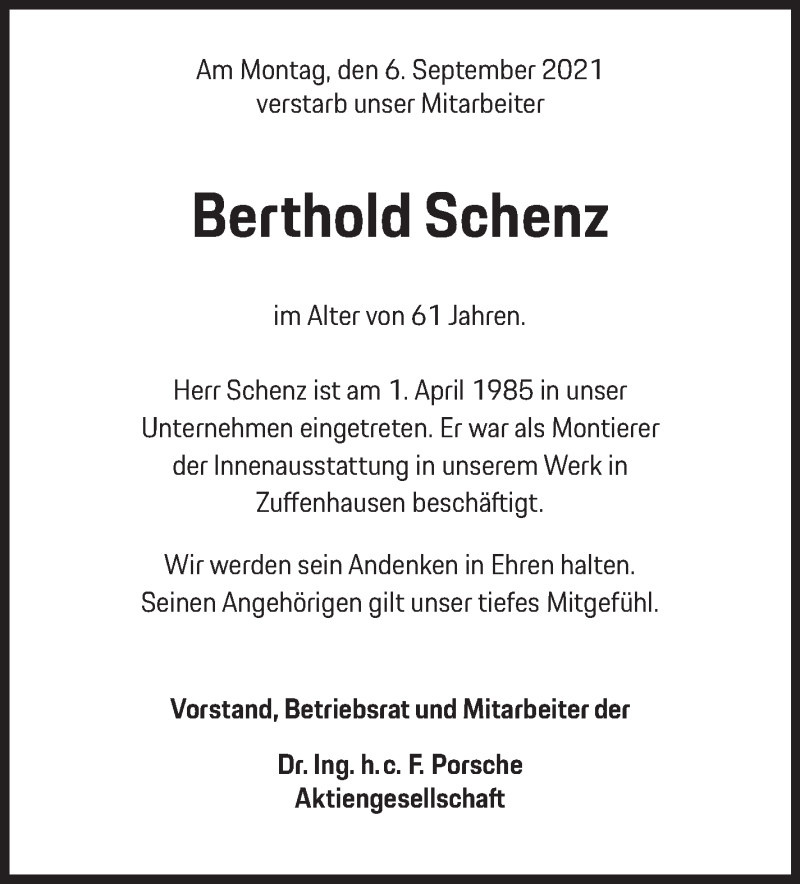  Traueranzeige für Berthold Schenz vom 22.09.2021 aus Stuttgarter Zeitung / Stuttgarter Nachrichten