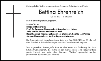 Traueranzeige von Bettina Ehrenreich von Stuttgarter Zeitung / Stuttgarter Nachrichten