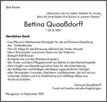 Traueranzeige von Bettina Quaaßdorff von Stuttgarter Zeitung / Stuttgarter Nachrichten