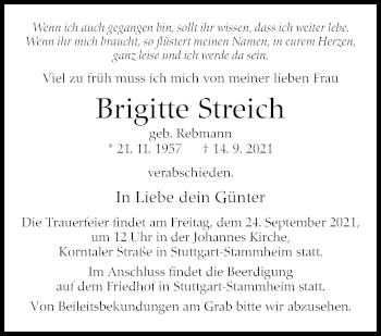 Traueranzeige von Brigitte Streich von Stuttgarter Zeitung / Stuttgarter Nachrichten