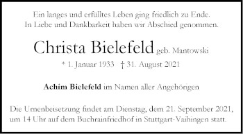 Traueranzeige von Christa Bielefeld von Stuttgarter Zeitung / Stuttgarter Nachrichten