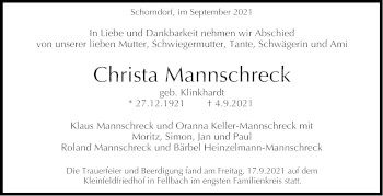 Traueranzeige von Christa Mannschreck von Stuttgarter Zeitung / Stuttgarter Nachrichten