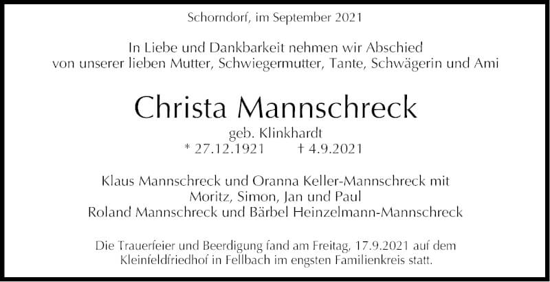  Traueranzeige für Christa Mannschreck vom 18.09.2021 aus Stuttgarter Zeitung / Stuttgarter Nachrichten