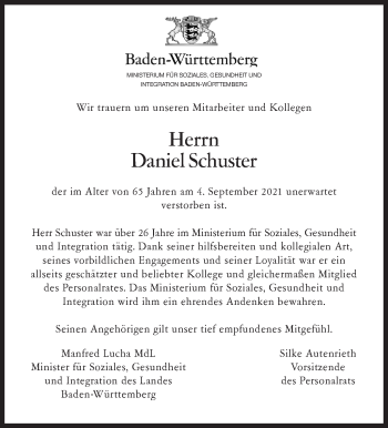 Traueranzeige von Daniel Schuster von Stuttgarter Zeitung / Stuttgarter Nachrichten