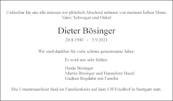 Traueranzeige von Dieter Bösinger von Stuttgarter Zeitung / Stuttgarter Nachrichten
