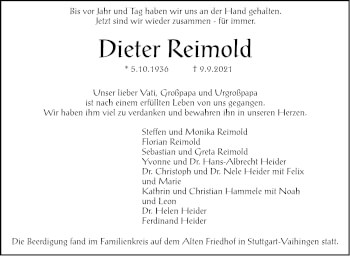 Traueranzeige von Dieter Reimold von Stuttgarter Zeitung / Stuttgarter Nachrichten