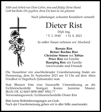 Traueranzeige von Dieter Rist von Stuttgarter Zeitung / Stuttgarter Nachrichten