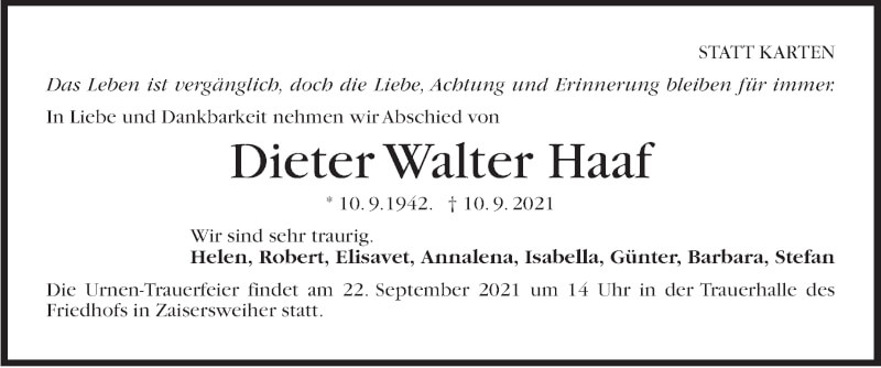  Traueranzeige für Dieter Walter Haaf vom 18.09.2021 aus Stuttgarter Zeitung / Stuttgarter Nachrichten