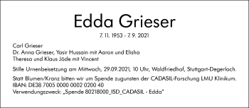 Traueranzeige von Edda Grieser von Stuttgarter Zeitung / Stuttgarter Nachrichten