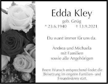 Traueranzeige von Edda Kley von Stuttgarter Zeitung / Stuttgarter Nachrichten