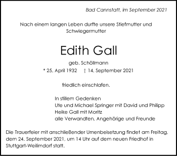 Traueranzeige von Edith Gall von Stuttgarter Zeitung / Stuttgarter Nachrichten