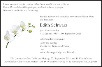 Traueranzeige von Edith Schwarz von Stuttgarter Zeitung / Stuttgarter Nachrichten