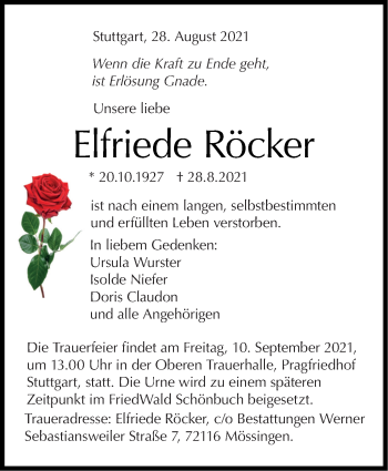 Traueranzeige von Elfriede Röcker von Stuttgarter Zeitung / Stuttgarter Nachrichten