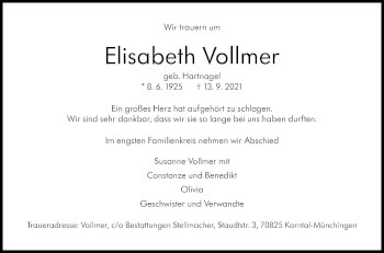 Traueranzeige von Elisabeth Vollmer von Stuttgarter Zeitung / Stuttgarter Nachrichten