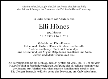 Traueranzeige von Elli Hönes von Stuttgarter Zeitung / Stuttgarter Nachrichten