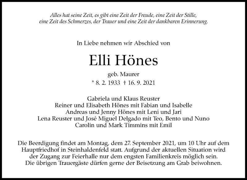  Traueranzeige für Elli Hönes vom 22.09.2021 aus Stuttgarter Zeitung / Stuttgarter Nachrichten