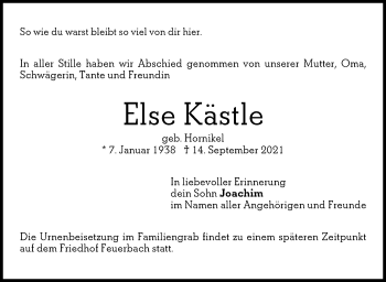 Traueranzeige von Else Kästle von Stuttgarter Zeitung / Stuttgarter Nachrichten