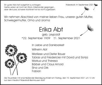 Traueranzeige von Erika Abt von Stuttgarter Zeitung / Stuttgarter Nachrichten