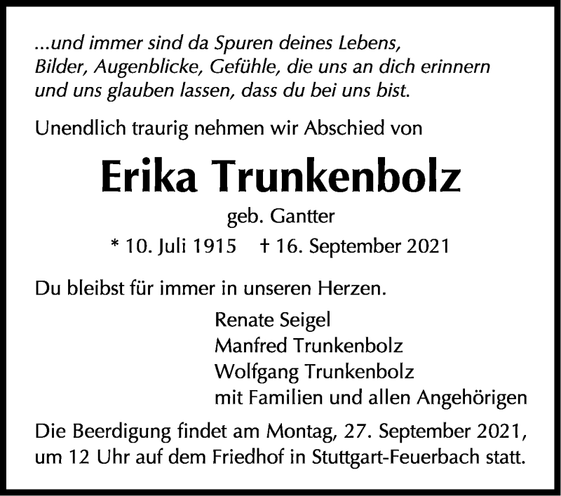  Traueranzeige für Erika Trunkenbolz vom 21.09.2021 aus Stuttgarter Zeitung / Stuttgarter Nachrichten