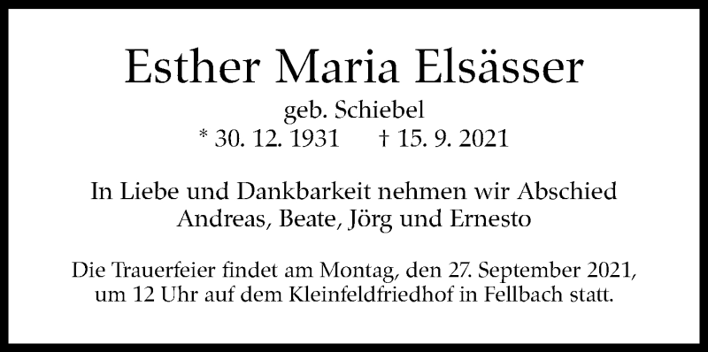  Traueranzeige für Esther Maria Elsässer vom 22.09.2021 aus Stuttgarter Zeitung / Stuttgarter Nachrichten